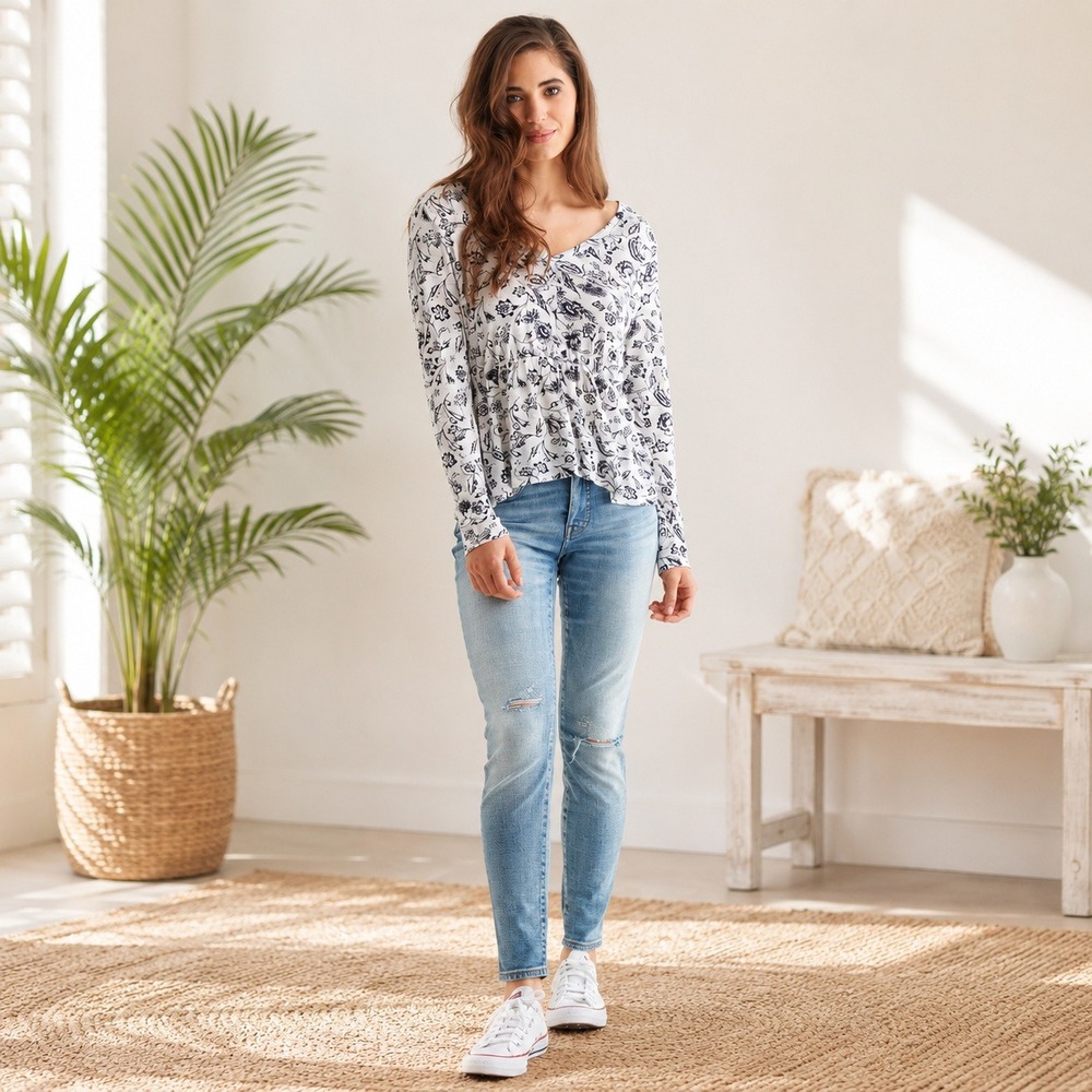 Lucky Brand Womens White Navy Blue Floral Peplum Long Sleeve Top Large
